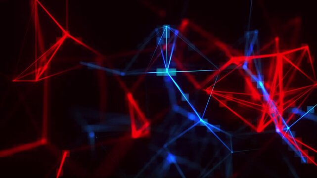 An animated digital network of glowing red and blue lines forms a complex structure of interconnected nodes in a dark space. The geometric connections are reminiscent of big data visualizations and