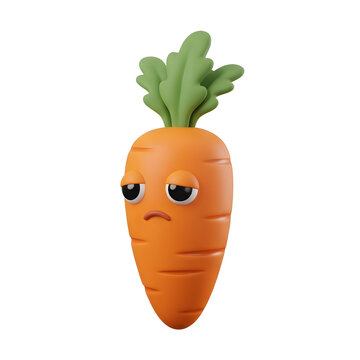 Sad cartoon carrot character with green leaves