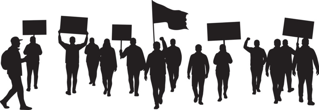 Protestors with signs and a flag vector art
