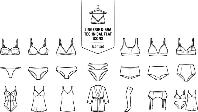 Lingerie Bra Technical Flat Icon Set Bra Balconette Push-Up Triangle Sports Wireless Plunge Front View Back View Thong Brief Boyshort High Waist Corset Teddy Chemise 20 Icons Editable Strokes Line Art