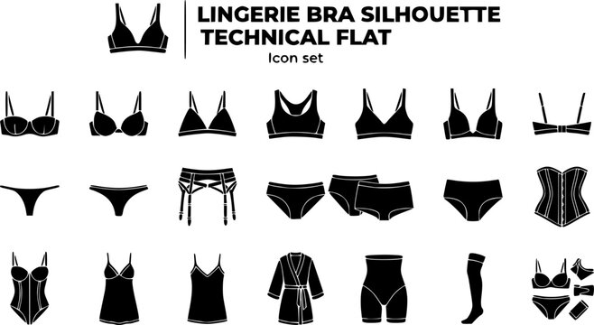 Lingerie Bra Silhouette Technical Flat Icon Set Balconette Push-Up Triangle Sports Wireless Plunge Front Back Thong Brief Boyshort High Waist Corset Teddy Chemise Slip 20 Icons Editable Strokes Flat 