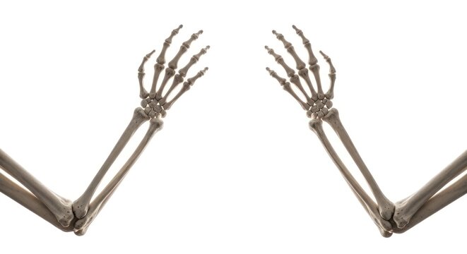 Two Human Skeleton Arms Bent at the Elbows Facing Each Other.