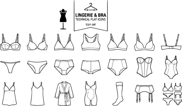 Lingerie Bra Technical Flat Icon Set Bra Balconette Push-Up Triangle Sports Wireless Plunge Front View Back View Thong Brief Boyshort High Waist Corset Teddy Chemise 20 Icons Editable Strokes Line Art