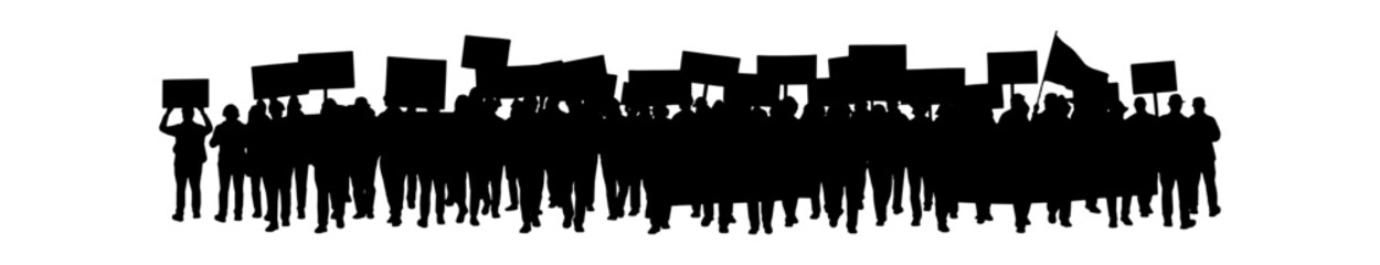 Fototapeta premium Silhouette of a crowd of protesters holding signs and banners vector art