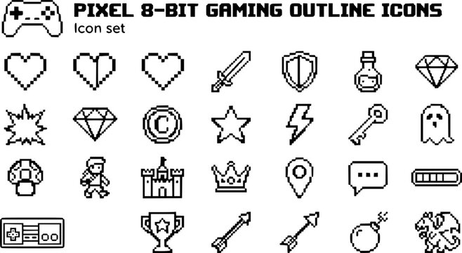 Pixel 8-Bit Gaming Outline Icon Set Heart Sword Shield Potion Gem Coin Star Lightning Explosion Character Crown Key Ghost Mushroom Castle Controller Trophy Arrow Bomb Dragon 25 Icons Editable Strokes 