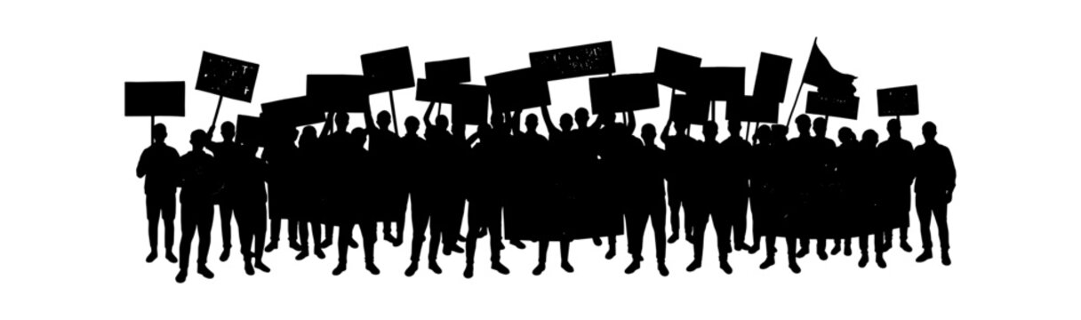 Silhouette of a crowd of protesters holding signs and banners vector art