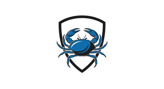 Shield emblem featuring a detailed blue crab illustration.