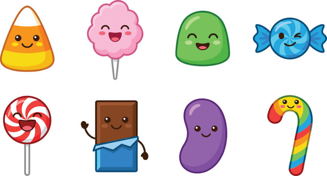 Cute Kawaii Candy Character Collection with Smiling Candy Corn, Cotton Candy, Jelly Candy, Wrapped Sweet, Lollipop, Chocolate Bar, Jelly Bean, and Rainbow Candy Cane