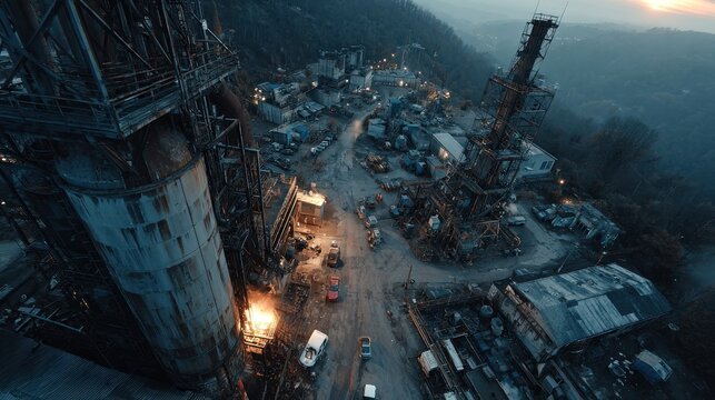 Aerial view of a dilapidated industrial complex on a hillside at dusk