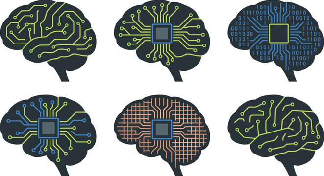 Artificial Intelligence Brain Icon Set Featuring Digital Circuit Boards Microchips Binary Code and Neural Networks for Machine Learning Technology Concepts