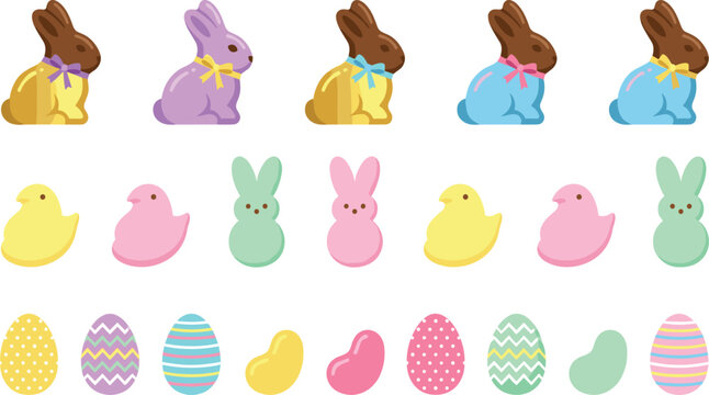 Easter Holiday Icon Collection with Chocolate Bunnies, Marshmallow Peeps, Decorated Easter Eggs, Jelly Beans, and Spring Celebration Sweets