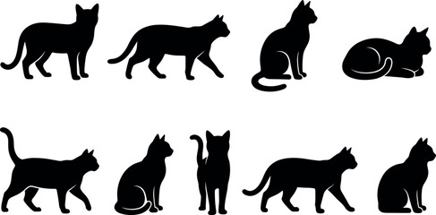 Obraz premium Black Cat Silhouette Vector Set Featuring Various Poses Like Standing Sitting Walking and Lying Down for Halloween Graphics Animal Protection Signs and Pet Logo Designs