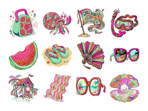 Surreal Beach Art in Vibrant Cartoon Style with Whimsical Coastal Icons or Dreamlike Surrealist Beach Design in Bright Cartoon Aesthetic with Playful Ocean Motifs
