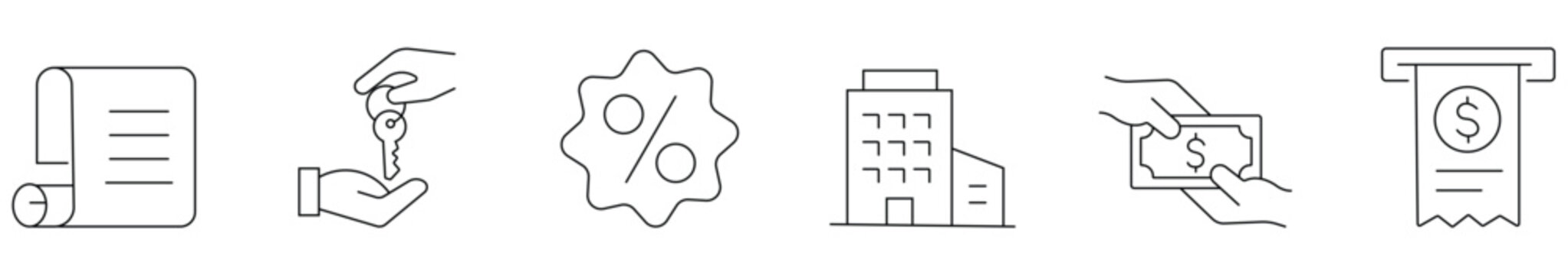 Real estate line icon set featuring property deed, key handover, interest rate, building, cash payment, invoice receipt, mortgage and home loan. editable stroke vector set.