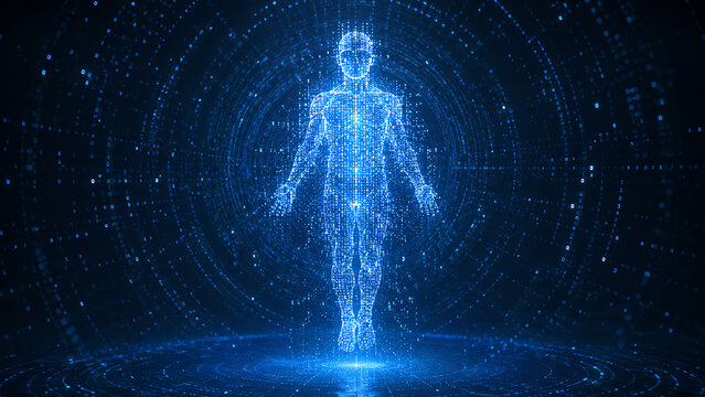 A futuristic digital representation of a human silhouette, symbolizing advanced technology and human evolution in a digital age.