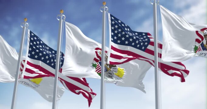 Illinois state flags waving with the national flag of the American flags
