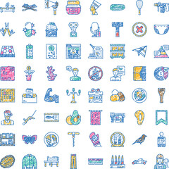 Obraz premium Set of colorful hand drawn doodle icons covering various categories including technology, finance, nature, household items, food, sports, and ancient civilization