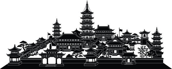 Fototapeta premium Black Silhouette Traditional Chinese Pagoda Temple Complex Vector Illustration for Asian Architecture Landscape Travel and Cultural Design Projects