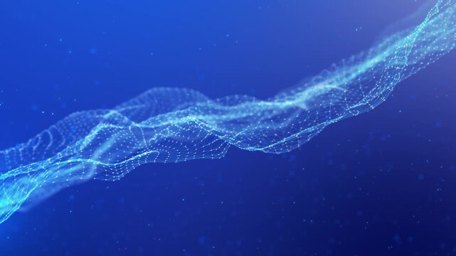 Abstract digital wave pulses gently across deep blue space. Tiny glowing dots connect to form dynamic, flowing lines. Soft light highlights the wave's curves and depth. Ideal for tech, innovation