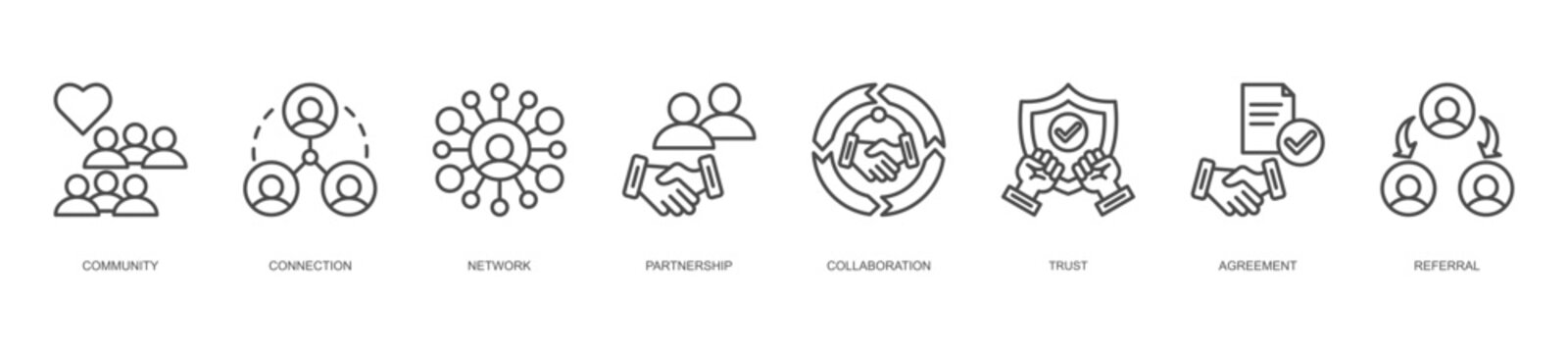 affiliate network foundation icon set collection in line style. icon set consist of community, connection, network, partnership, collaboration, trust, agreement, referral