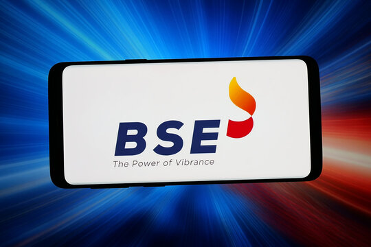 Stuttgart, Germany - 06-08-2026: In this photo illustration, the logo of Indian Bombay Stock Exchange (BSE Limited) is displayed on a smartphone in front of abstract background on computer screen.