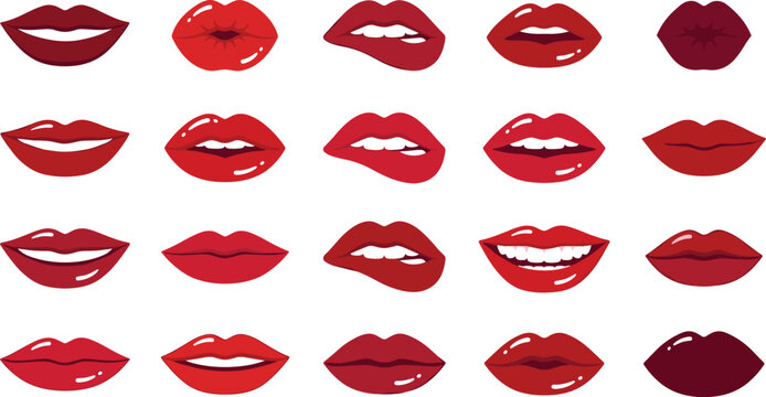 Glossy Red Lips Collection with Elegant Beauty Makeup Styles, Feminine Cosmetic Elements, Fashion Glamour Icons, and Lipstick Design Variations