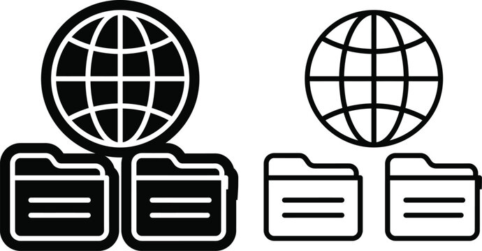 Globe and file folder data management icon with information computer internet management business technology illustration silhouette database