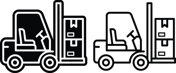 Set of forklift truck icons in solid and line art style with forklift warehouse logistics transport industrial shipping delivery business equipment © NXTall