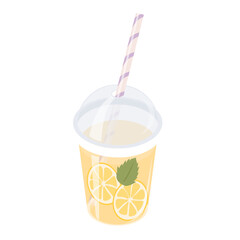 Iced lemonade in clear takeaway cup with dome lid striped straw lemon slices and mint leaf refreshing summer drink vector © gleolite
