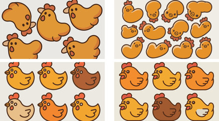 Obraz premium Collection of cute cartoon chickens in various poses and colors on light gray background