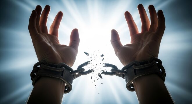 Man's hands breaking free from metal chains against a bright background, symbolizing freedom and liberation. International Day for the Abolition of Slavery.