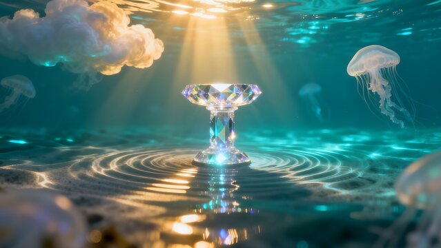 Underwater scene with jellyfish and crystal object