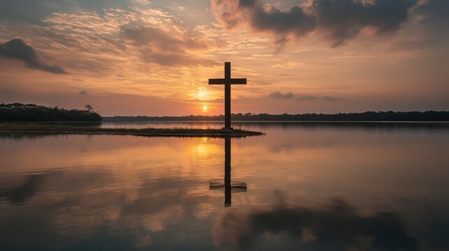 The Cross by Still Waters &mdash; In life's quiet moments, the cross reminds us that true peace is found in God's presence, reflected in every step of faith.