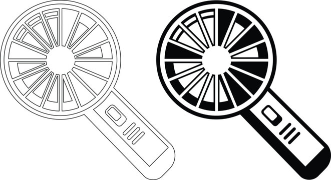 Portable handheld electric fan line art and solid silhouette vector icons with handheld portable electric appliance ventilation electronics silhouette