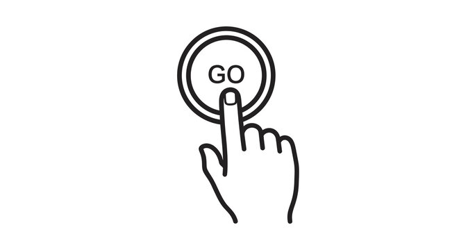 Go button icon with hand pressing black line art on white background