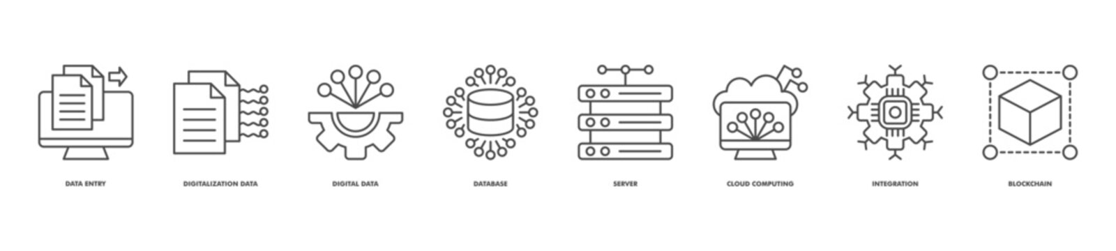 data infrastructure icon set collection in line style. icon set consist of data entry, digitalization data, digital data, database, server, cloud computing, integration, blockchain