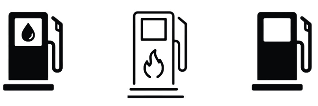 Set of fuel pump station icons with oil drop fire and blank screen designs for gas station branding projects