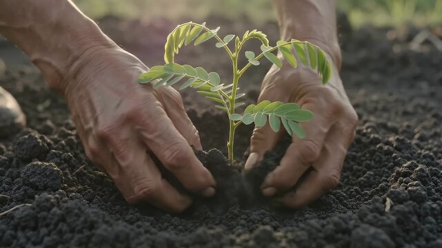 Slow push-in local elder planting native tree sapling in volcanic soil