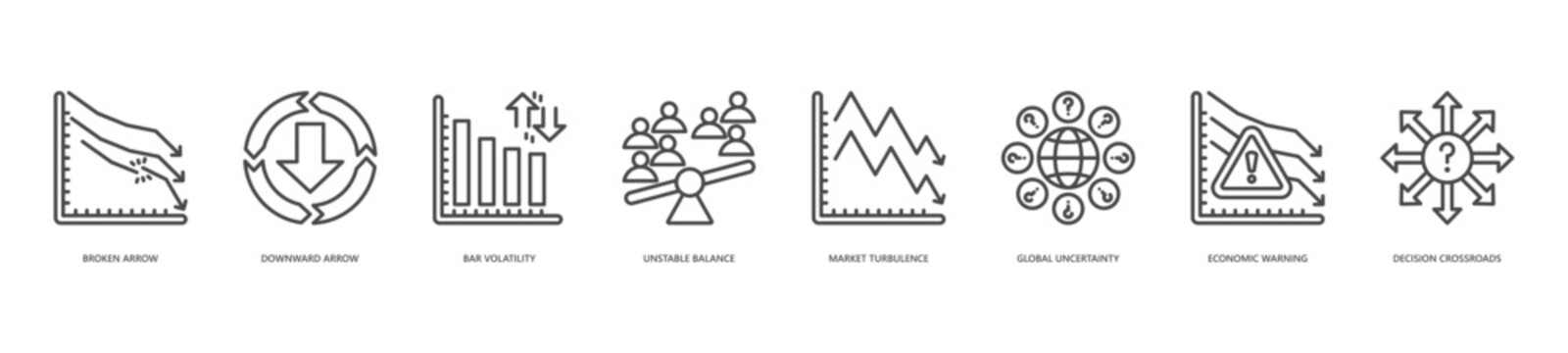 market disruption icon set collection in line style. icon set consist of broken arrow, downward arrow, bar volatility, unstable balance, market turbulence, global uncertainty, economic warning