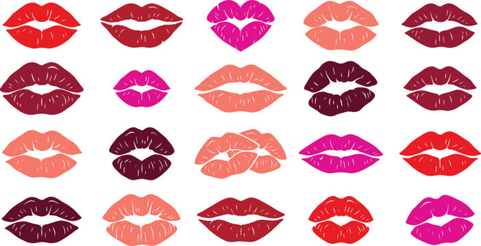 Lip Print and Kiss Mark Collection with Colorful Lipstick Impressions, Beauty Fashion Elements, Romantic Symbols, and Cosmetic Design Set