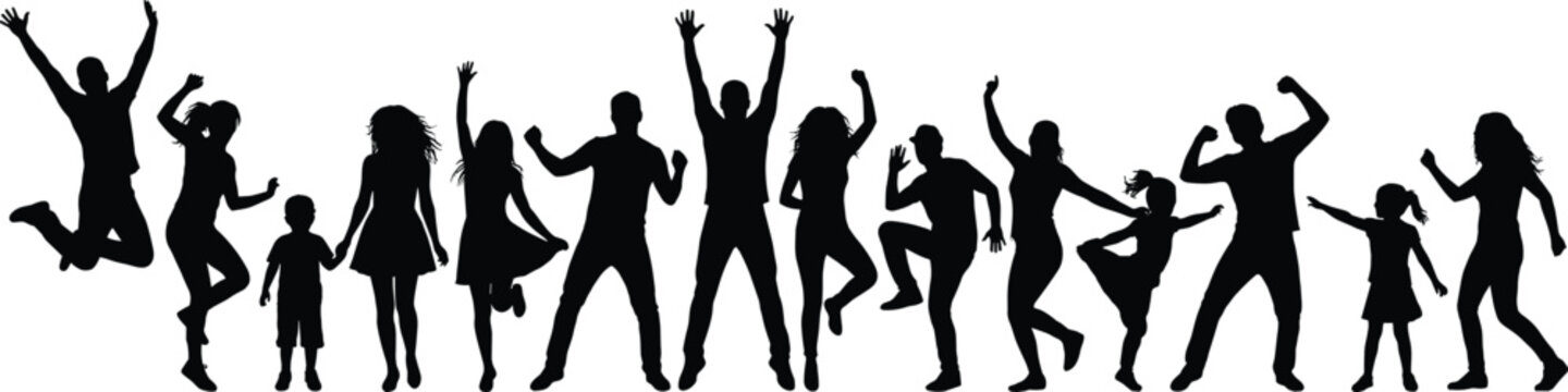 Large set of black silhouettes of happy people jumping and dancing in celebration of success and joy
