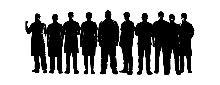 Silhouettes of a diverse group of medical professionals and scientists standing in a row vector art