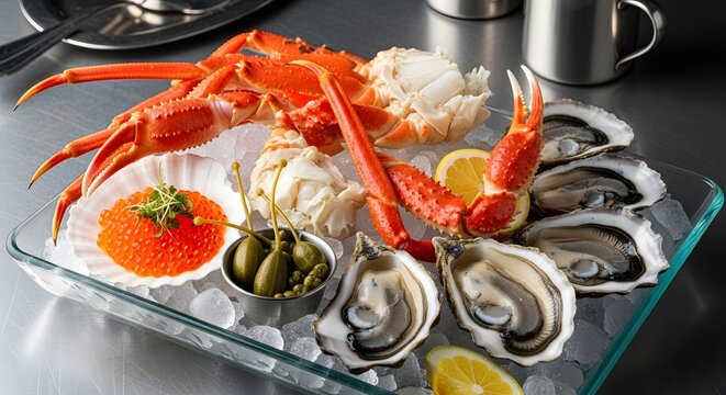 Fresh seafood platter with crab legs, oysters, and salmon roe