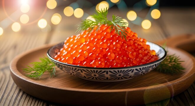 Bowl of fresh red salmon caviar garnished with dill on a wooden board