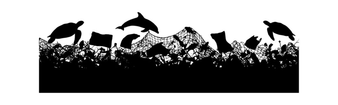 Silhouette of ocean pollution with plastic waste, fishing nets, and marine animals like dolphins and sea turtles vector art