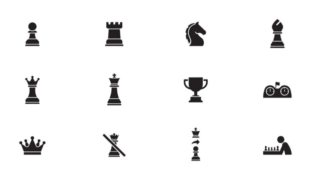 Professional chess icons set featuring standard pieces timer trophy and strategic symbols.
