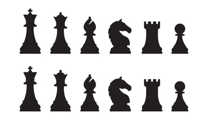 Two rows of black chess pieces king queen bishop knight rook pawn vector. © VANU