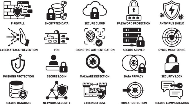 Cybersecurity and Data Protection Flat Vector Icons
