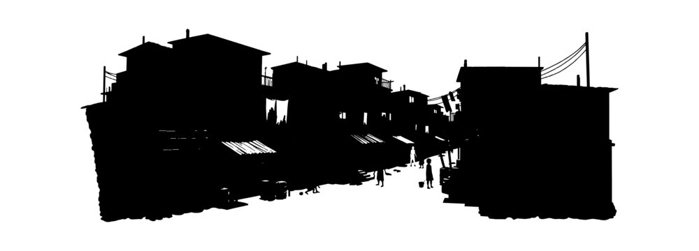 Silhouette illustration of a crowded slum or shantytown street with people and buildings vector art