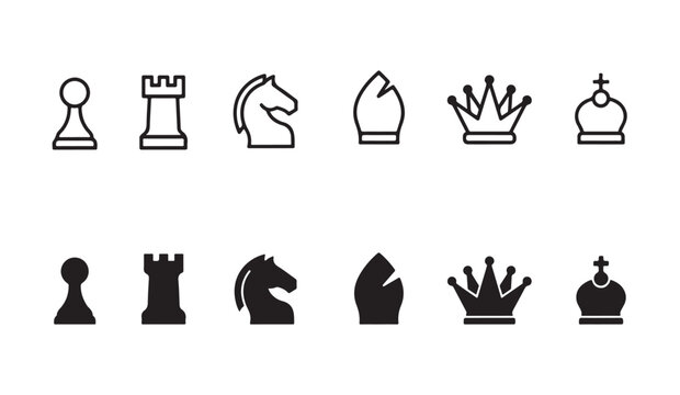 Detailed line and solid chess piece icon set featuring classic shapes for board game app.
